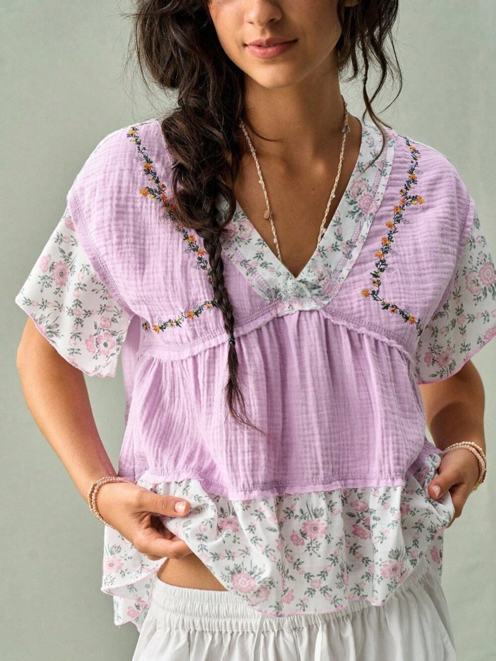 Purple Boho Women's French V-Neck Blouse - Picture 3 of 8
